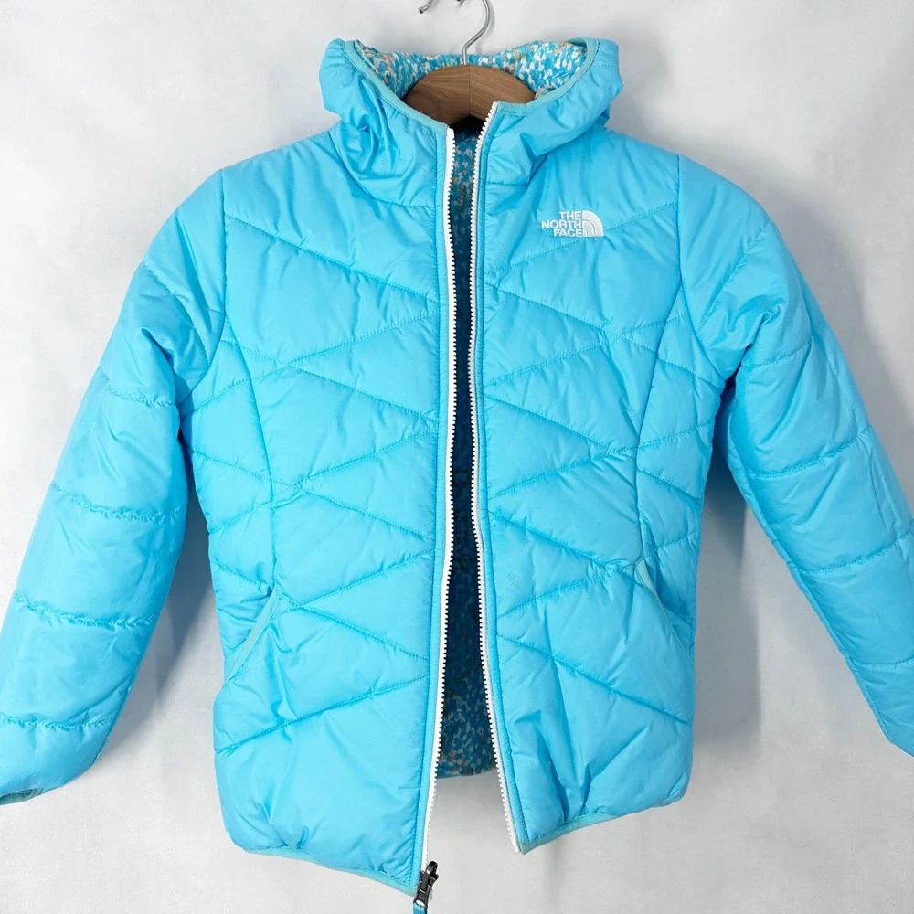The North Face REVERSIBLE Puffer Jacket Girls Size Medium Blue Turquoise Orange